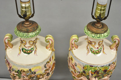 Antique Italian Capodimonte Ceramic Porcelain Figural Urn Table Lamps - a Pair