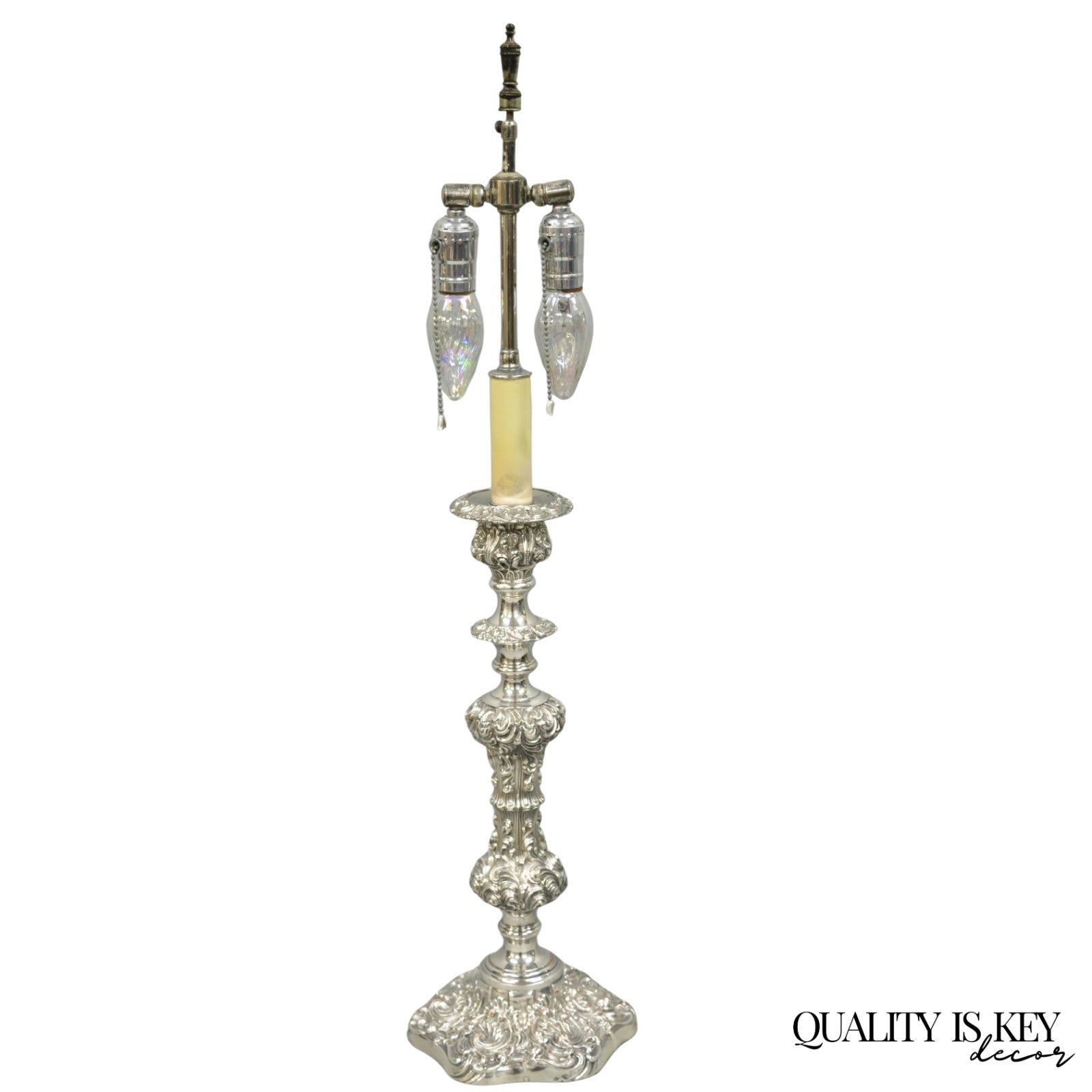 Antique English Victorian Silver Plated Scroll Repousse Candlestick Table Lamp
