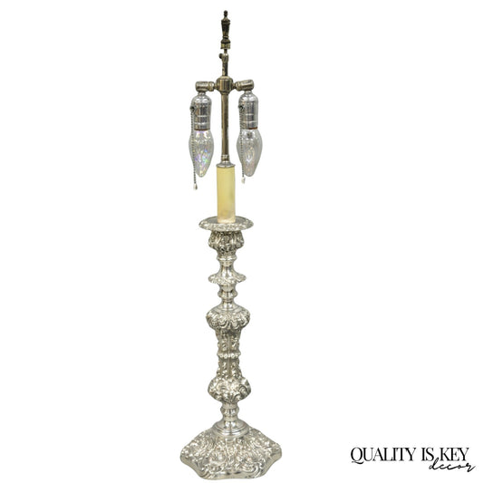 Antique English Victorian Silver Plated Scroll Repousse Candlestick Table Lamp