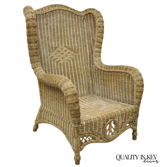Vintage Victorian Style Large Woven Wicker Rattan Wingback Lounge Arm Chair