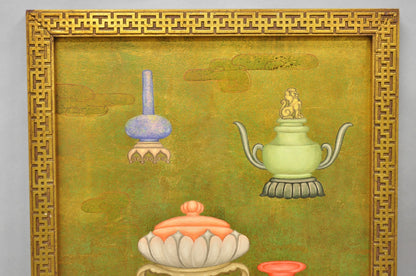 Vintage Chinoiserie Gold Hand Painted Chinese Vase Wall Panel Plaque - a Pair