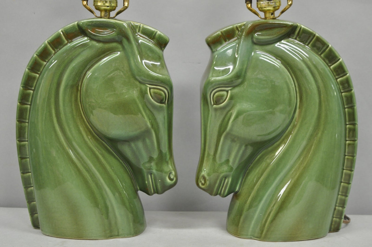 Vintage Mid Century Modern Green Glazed Ceramic Horse Head Table Lamps - a Pair