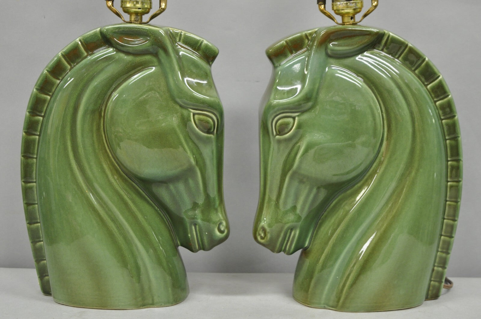 Vintage Mid Century Modern Green Glazed Ceramic Horse Head Table Lamps - a Pair