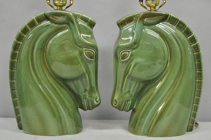Vintage Mid Century Modern Green Glazed Ceramic Horse Head Table Lamps - a Pair