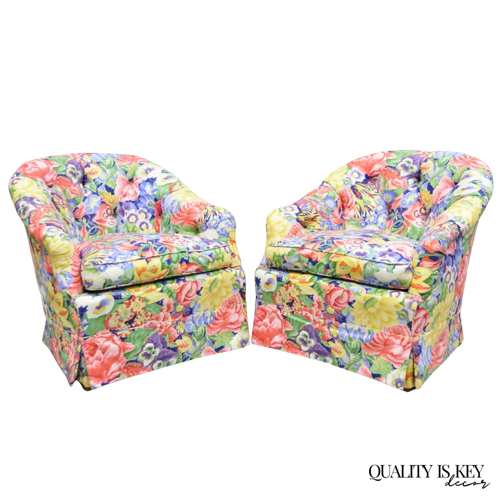Vintage English Regency Floral Chintz Tufted Rolled Arm Club Lounge Chair - Pair