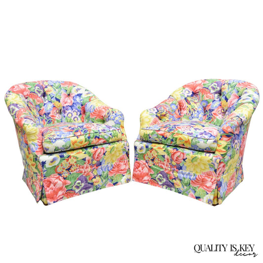 Vintage English Regency Floral Chintz Tufted Rolled Arm Club Lounge Chair - Pair