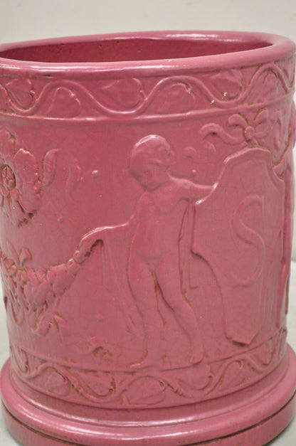 Antique Purple Glazed Stoneware Pottery Italian Classical Putti Shield Planter