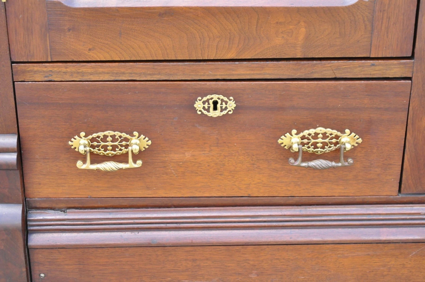 Antique Eastlake Victorian Walnut Wavy Glass Triple Bookcase Display Cabinet