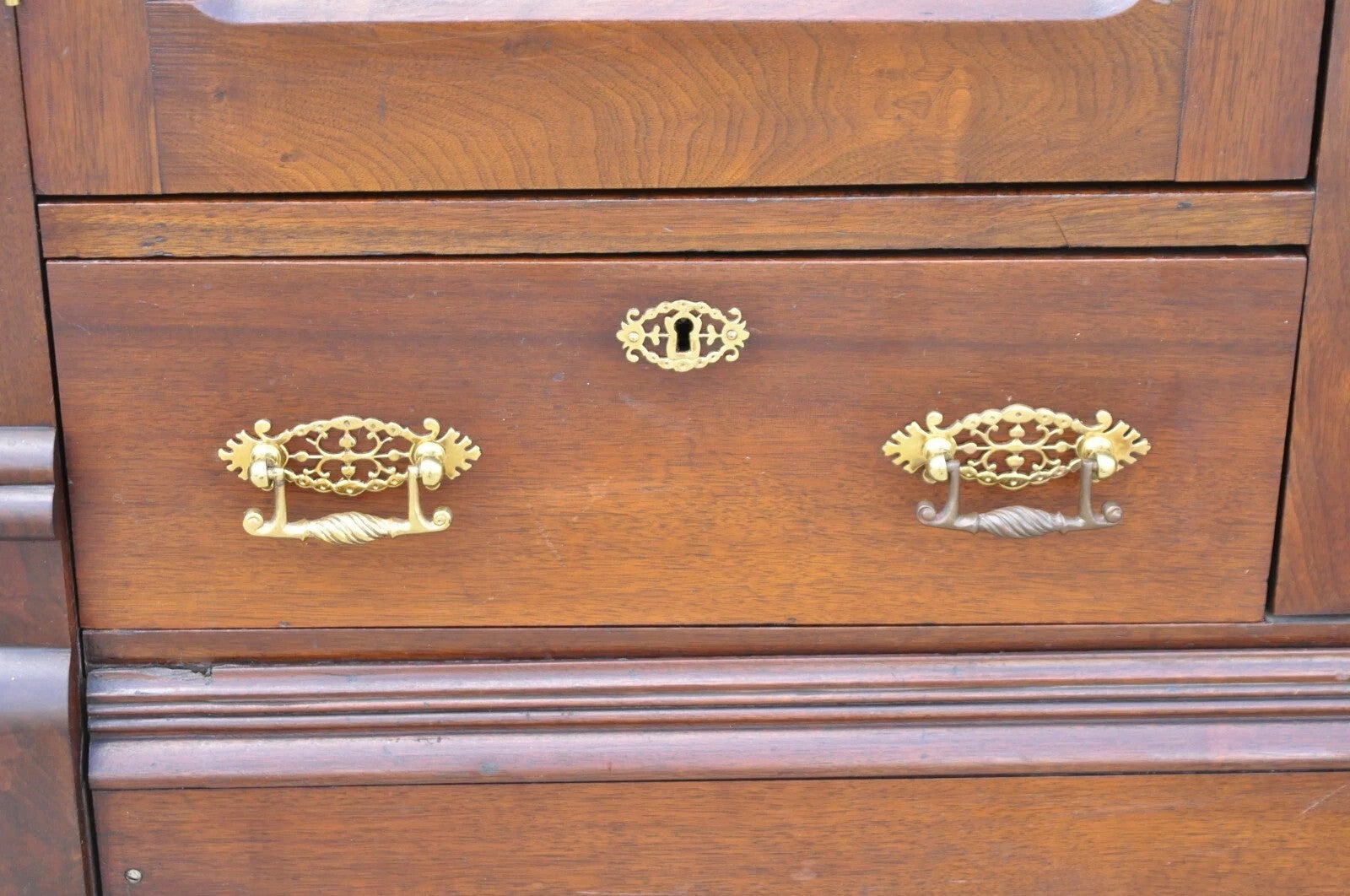 Antique Eastlake Victorian Walnut Wavy Glass Triple Bookcase Display Cabinet