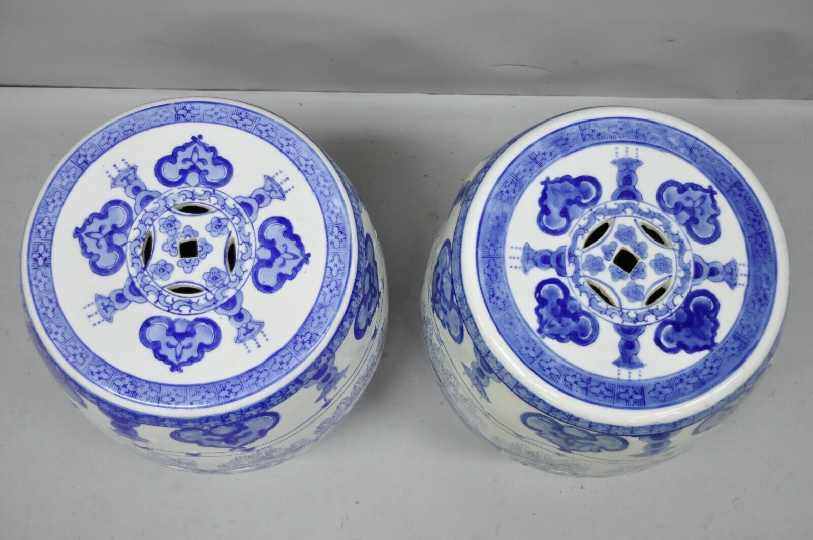 Pair of Blue & White Porcelain Chinese Oriental Drum Garden Seat Pedestal
