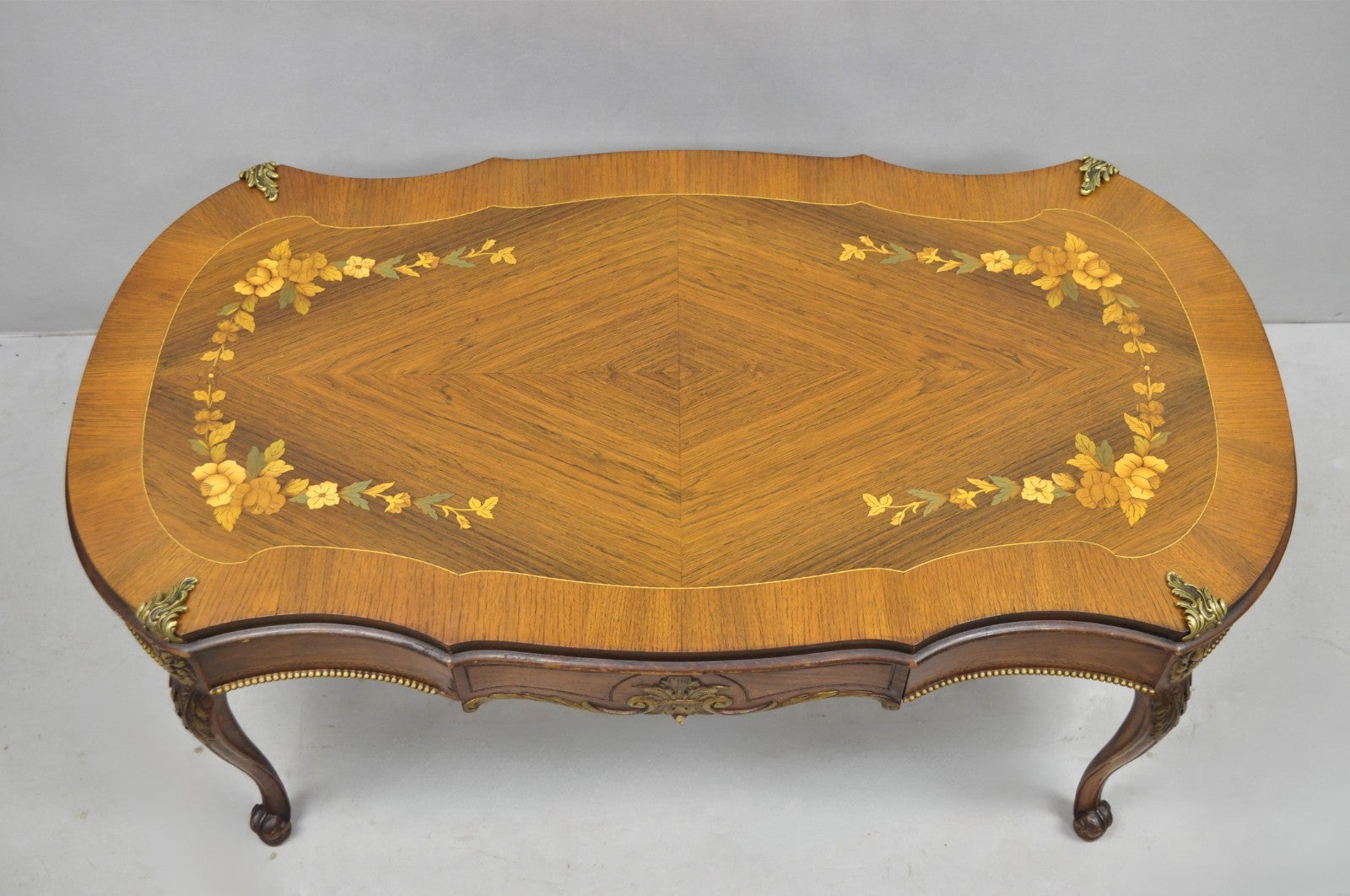 Antique French Louis XV Style Floral Inlay Walnut Coffee Table with Drawer