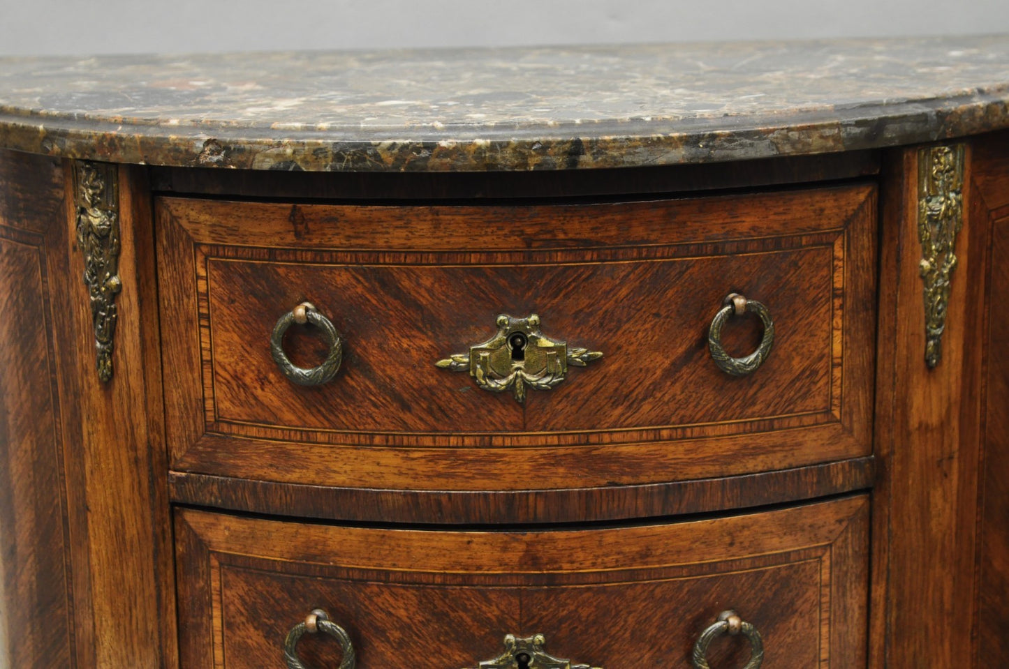 Antique French Louis XV Style Demilune Marble Top 4 Drawer Nightstand Table Pair