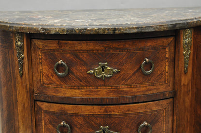 Antique French Louis XV Style Demilune Marble Top 4 Drawer Nightstand Table Pair