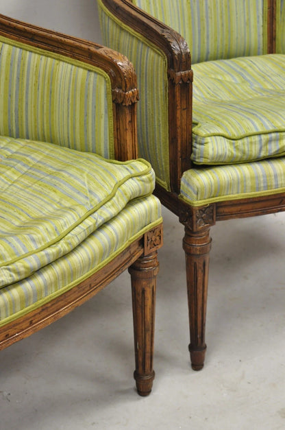 Antique Italian Regency Distress Carved Walnut Barrel Back Club Arm Chair, Pair