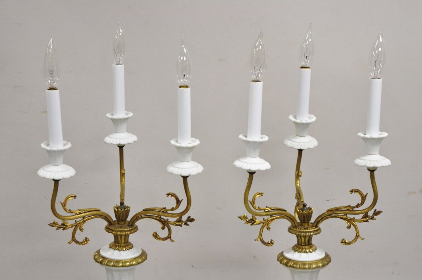 Antique French Louis XV Figural Bronze & Porcelain Candelabra Table Lamps - Pair