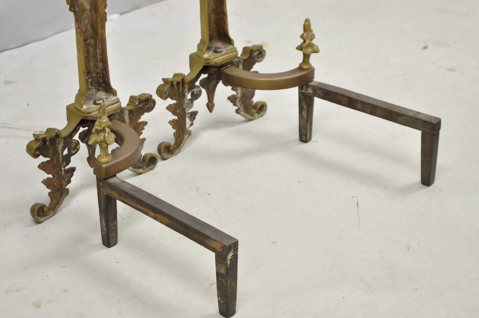 Antique French Empire Style Bronze Corinthian Column Fireplace Andirons - a Pair