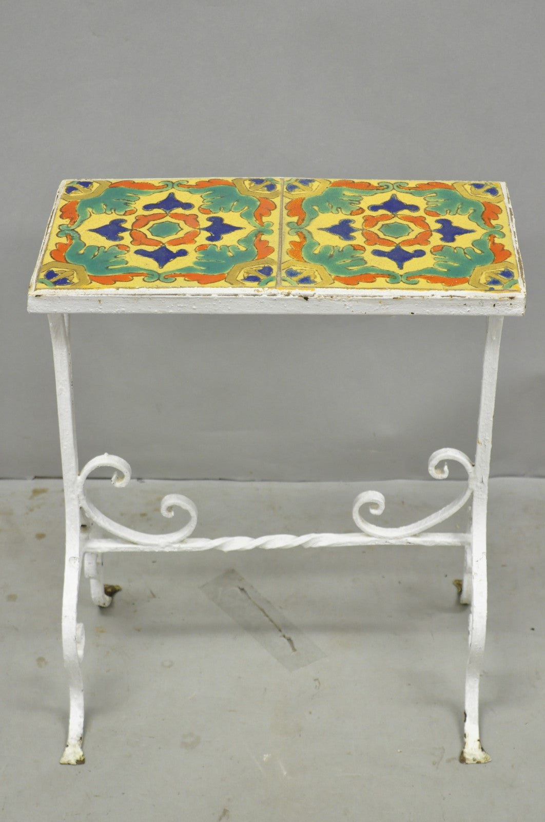 Antique Arts & Crafts Wrought Iron Side Table w/ Catalina California Tile Top