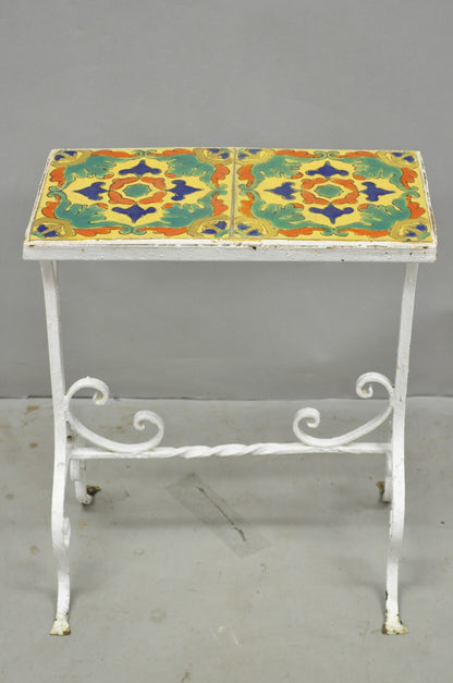 Antique Arts & Crafts Wrought Iron Side Table w/ Catalina California Tile Top