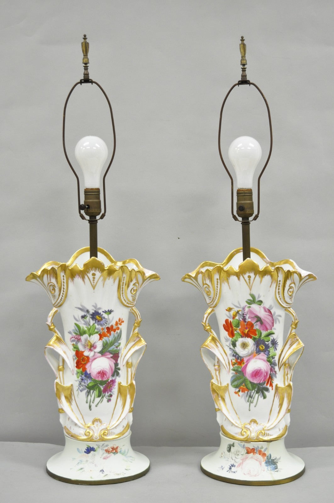 Antique Art Nouveau Austrian Porcelain Painted French Floral Table Lamps, a Pair