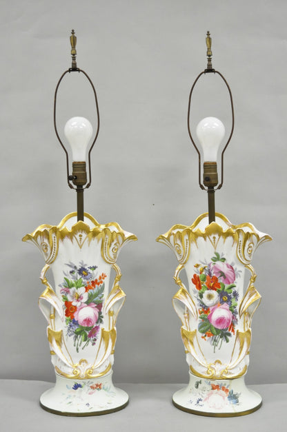 Antique Art Nouveau Austrian Porcelain Painted French Floral Table Lamps, a Pair