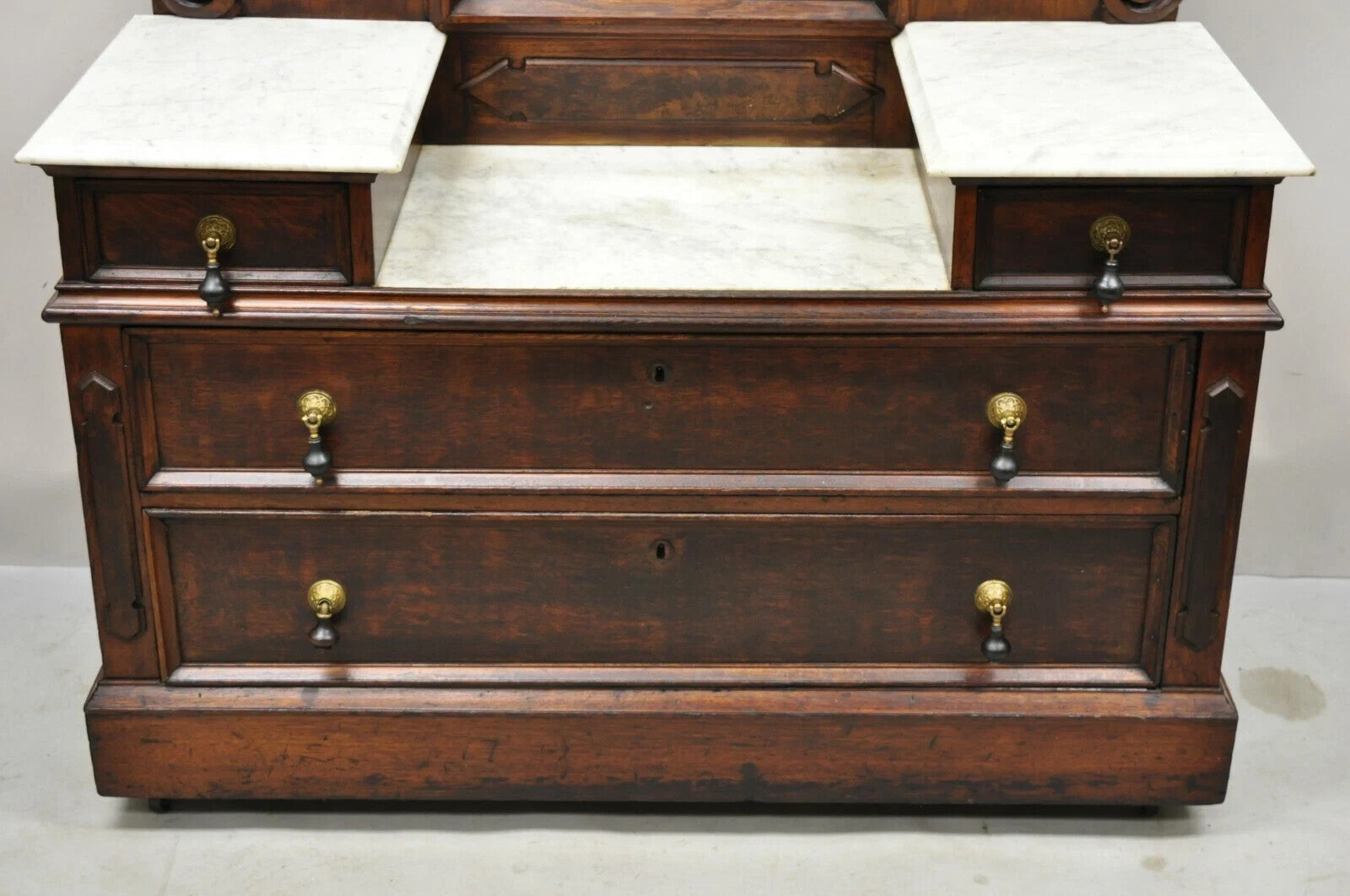 Antique Eastlake Victorian Walnut 3 Marble Tier Dresser Chest With Tall Mirror