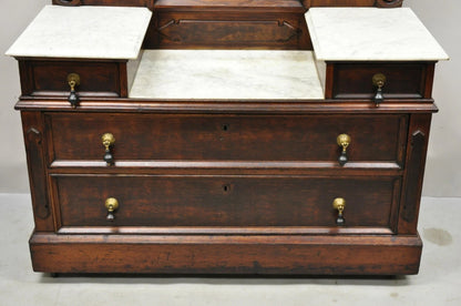 Antique Eastlake Victorian Walnut 3 Marble Tier Dresser Chest With Tall Mirror