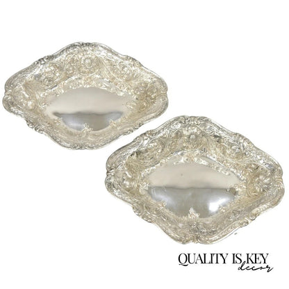 M&H English Victorian Art Nouveau Silver Plated Floral Repousse Fruit Bowls Pair