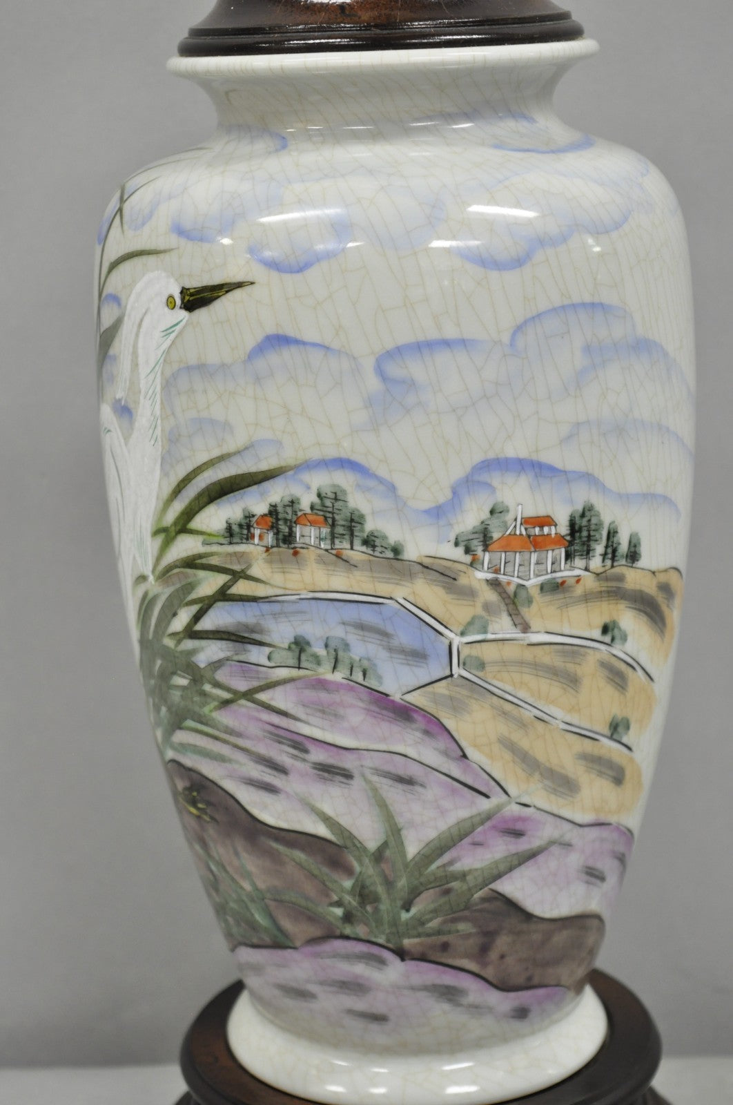 Vintage Chinoiserie Chinese Porcelain Jardiniere Table Lamp w Painted Crane Bird