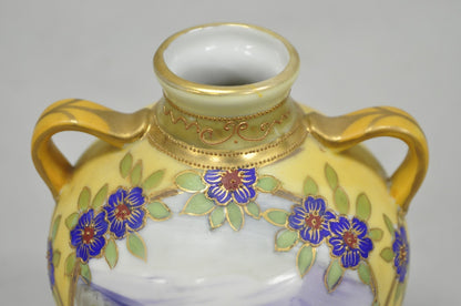 Antique Nippon Hand Painted Porcelain Moriage Mountain Scene Small Yellow Vase