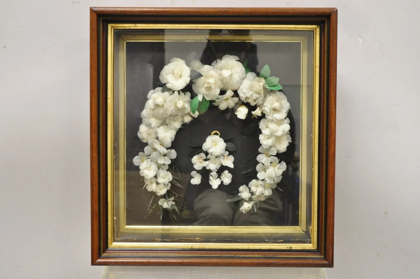 Antique Victorian White Feather Floral Mourning Wreath Mahogany Wood Shadow Box