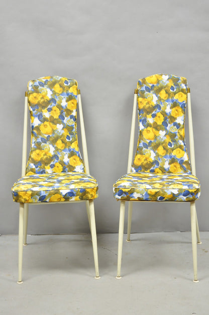 Vintage Retro Atomic Era Metal Kitchen Dining Chairs w/ Blue Yellow Flowers Pair