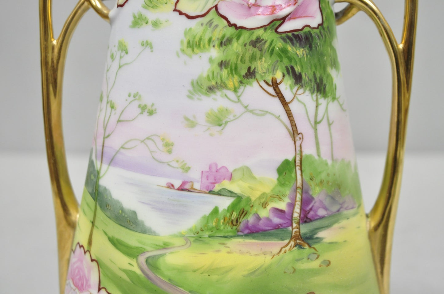 Antique Nippon Hand Painted Porcelain Twin Handle Vase w /Flowers & Lake Scene