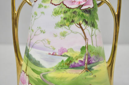 Antique Nippon Hand Painted Porcelain Twin Handle Vase w /Flowers & Lake Scene
