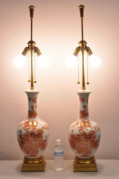 Vintage Marbro Chinoiserie Porcelain Vase Orange Floral Asian Table Lamp Pair
