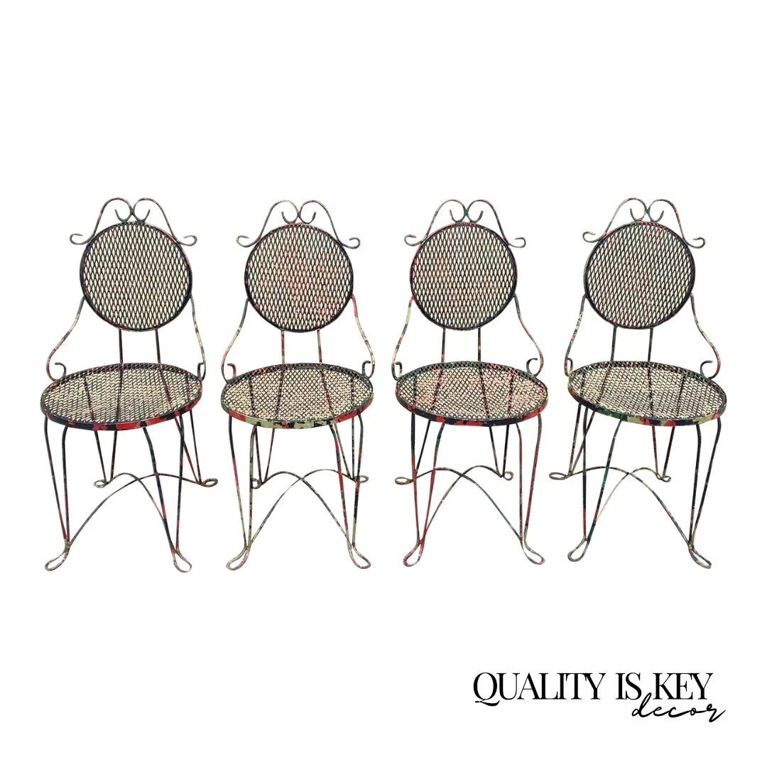 Vintage Victorian Style Small Wrought Iron Camo Paint Garden Patio Chair - Set 4
