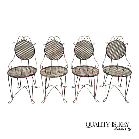 Vintage Victorian Style Small Wrought Iron Camo Paint Garden Patio Chair - Set 4
