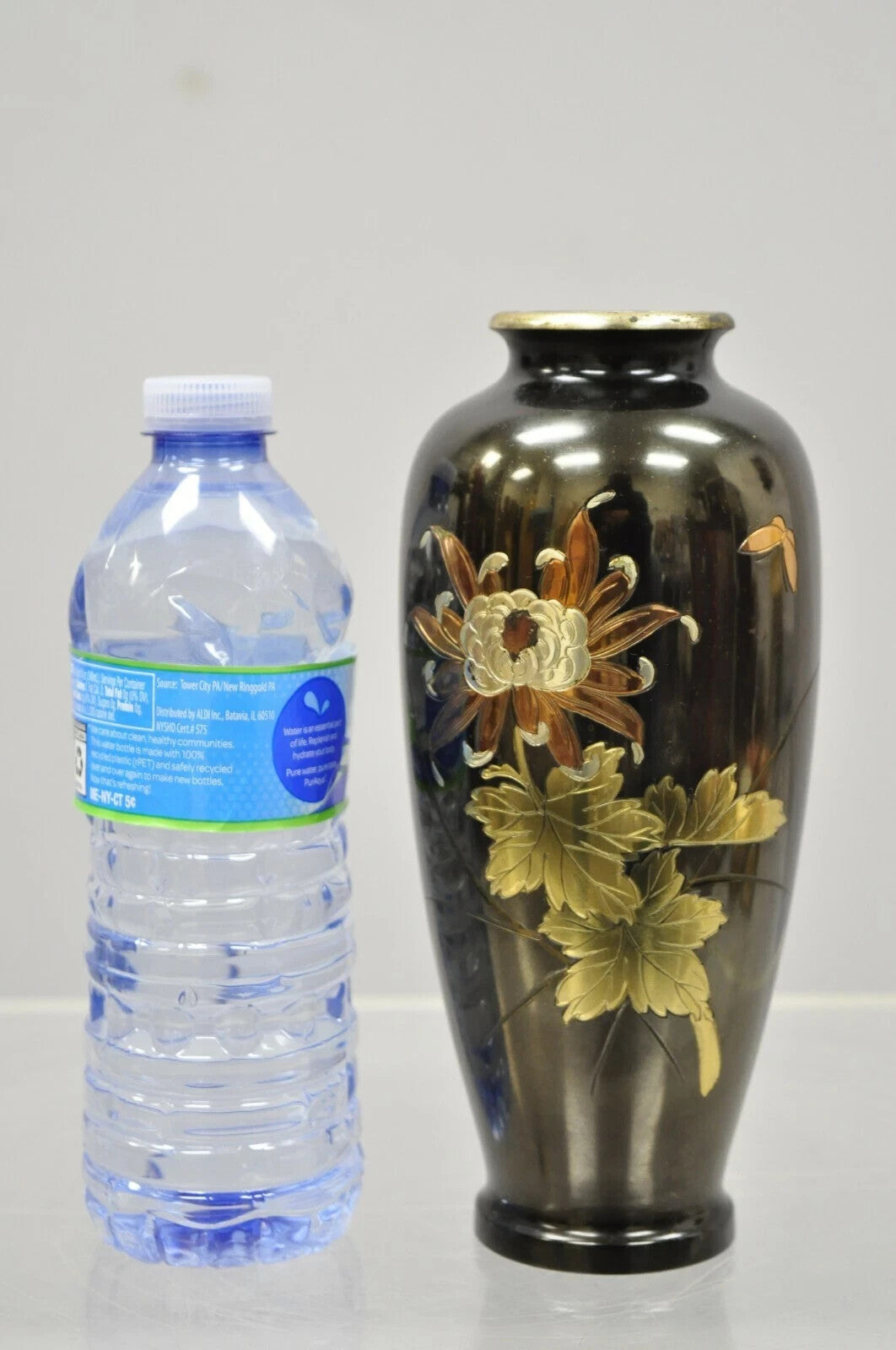 Vintage Chinese Oriental Bronze Metal Floral Engraved 8.5" Flower Vase