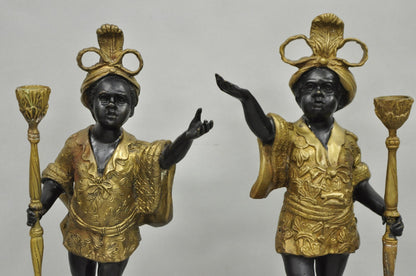 Vintage Moorish Venetian Blackamoor Figural Bronze Candelabra Candle Holder Pair