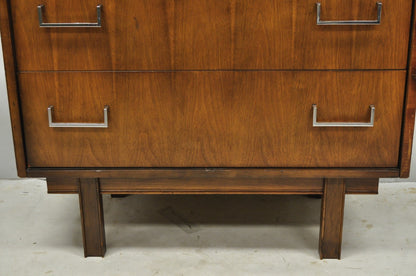 Vintage Mid Century Modern Walnut Veneer 4 Drawer Chrome Pull Tall Chest Dresser