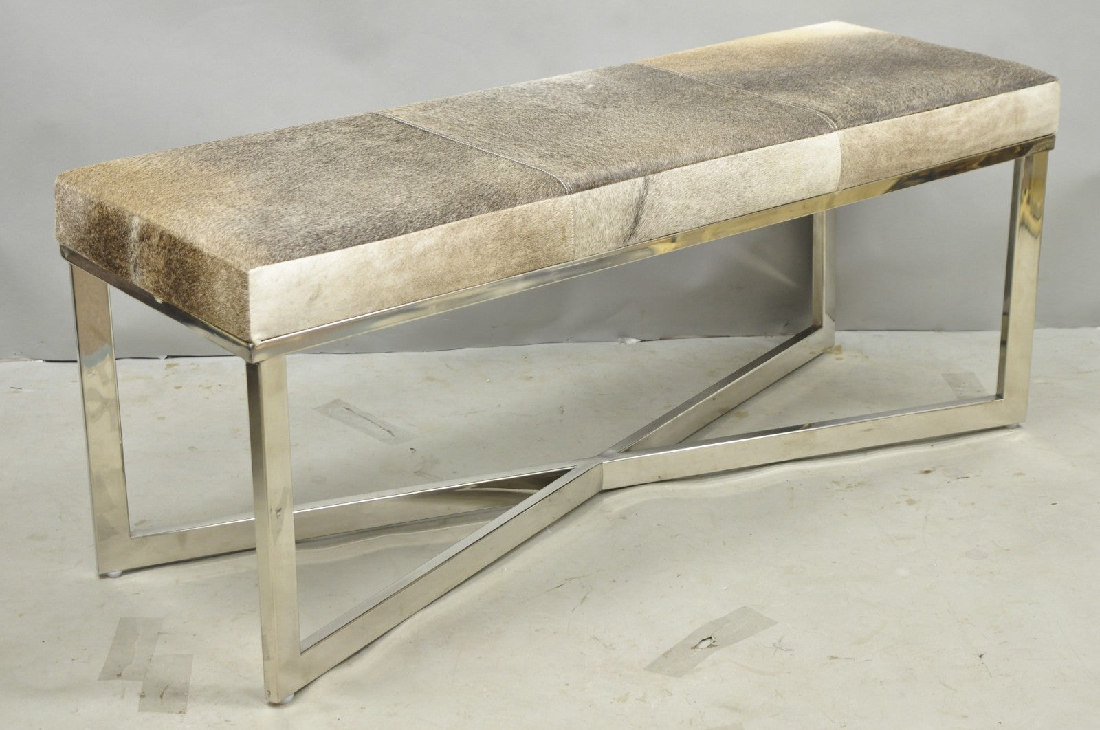 Modern Leather Cowhide Silver Chrome Metal X-Frame Stretcher Base Bench