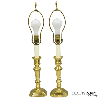 Vintage Federal Style Polished Brass Candlestick Small Vanity Table Lamps a Pair