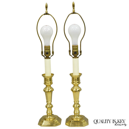 Vintage Federal Style Polished Brass Candlestick Small Vanity Table Lamps a Pair