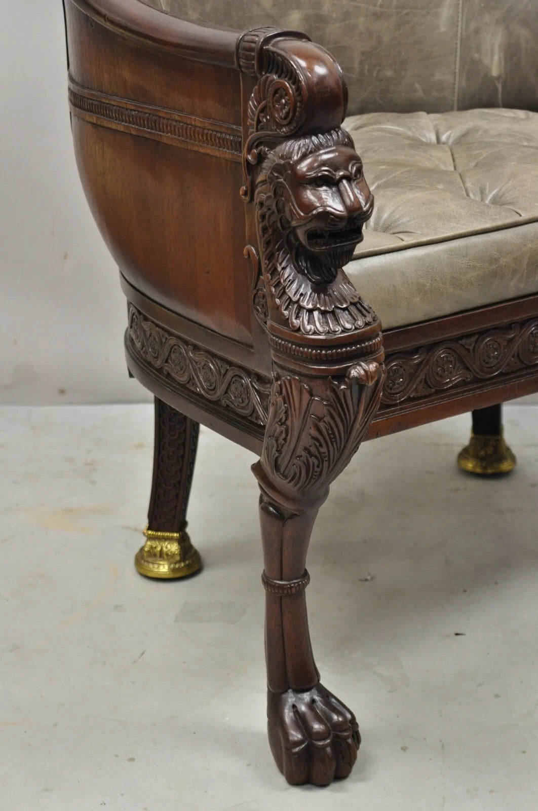 Baker Stately Homes Regency Style Grey Leather Lions Head Pull Up Tub Club Chair