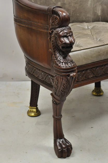 Baker Stately Homes Regency Style Grey Leather Lions Head Pull Up Tub Club Chair