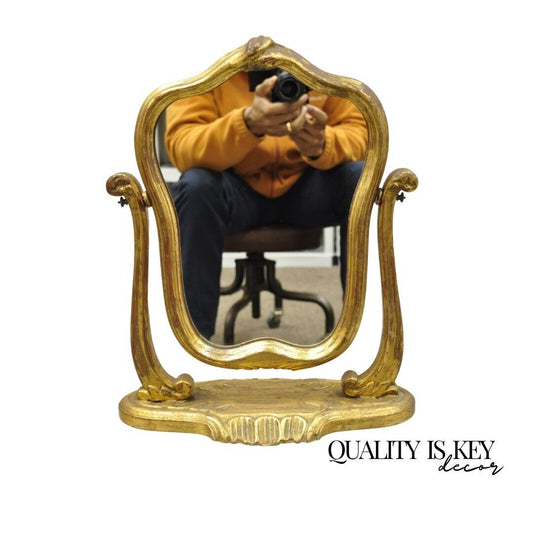 Italian Hollywood Regency Carved Gold Giltwood Distressed Small Vanity Mirror