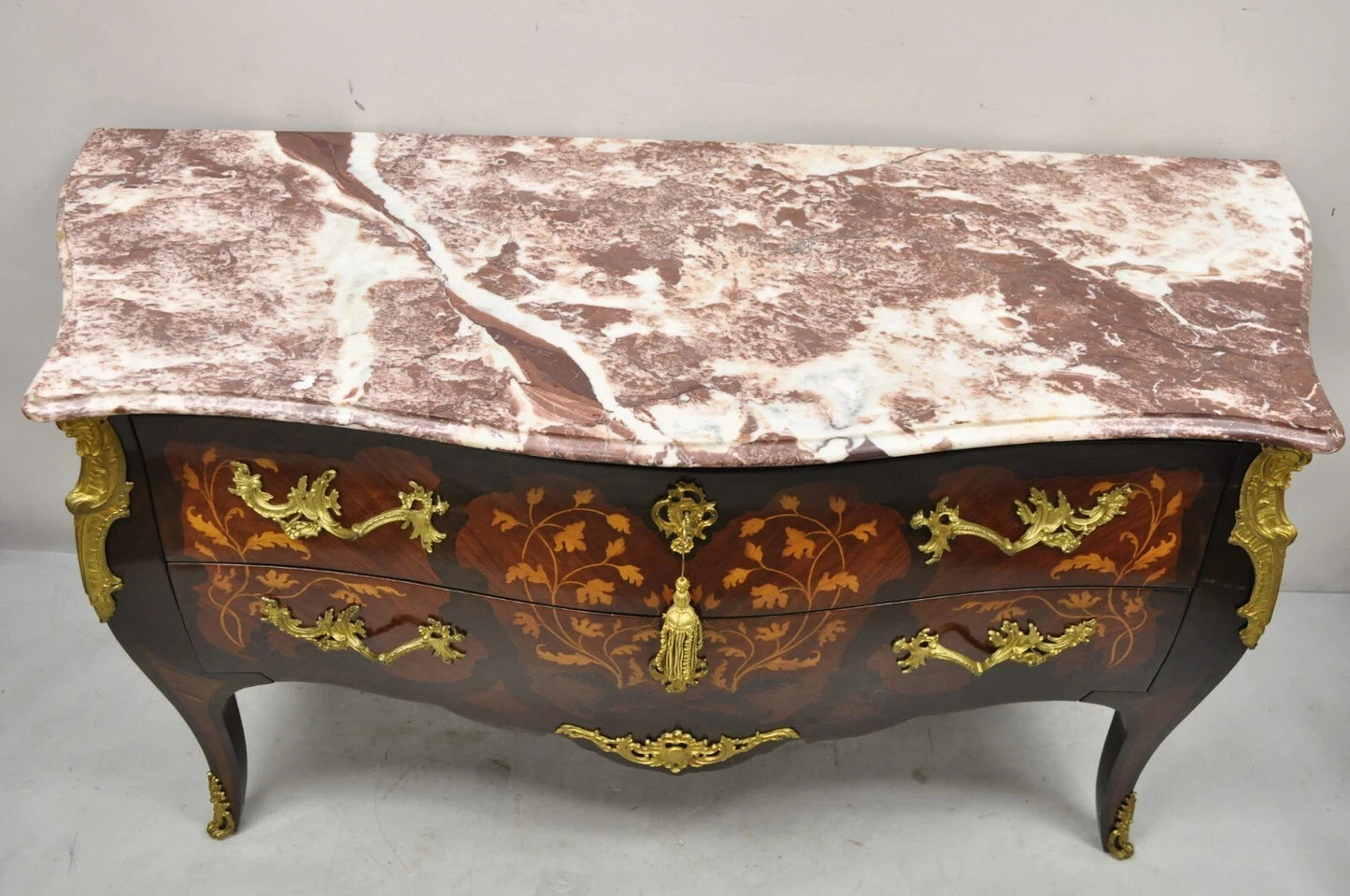 French Louis XV Style Marble Top Marquetry Inlay & Bronze Bombe Commode Dresser