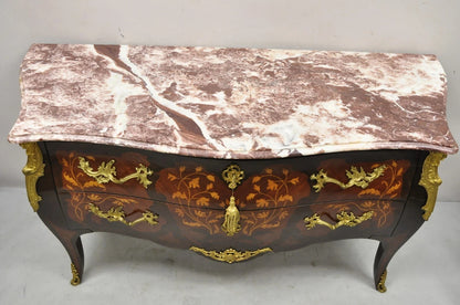 French Louis XV Style Marble Top Marquetry Inlay & Bronze Bombe Commode Dresser