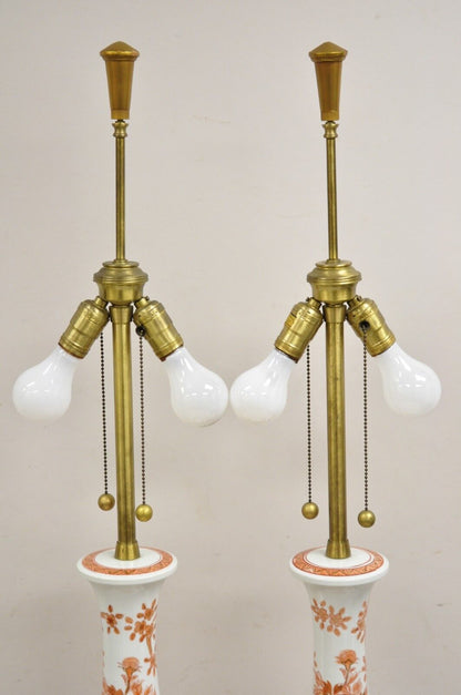 Vintage Marbro Chinoiserie Porcelain Vase Orange Floral Asian Table Lamp Pair