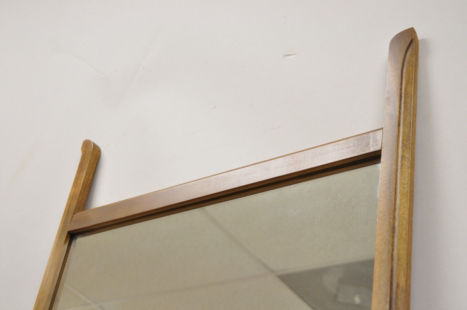 Vintage Mid Century Modern Sculpted Walnut Finial Modernist Wall Mirror