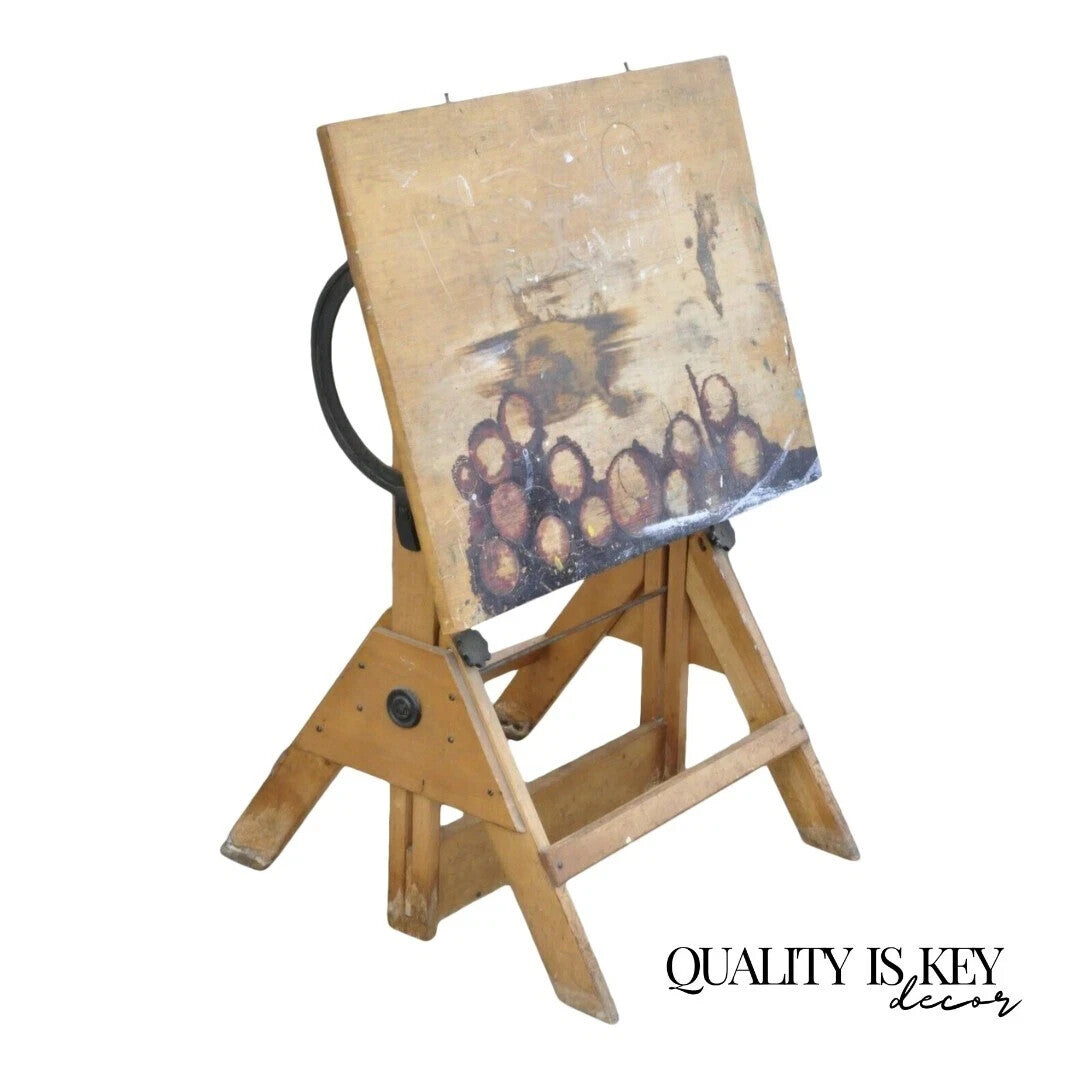 Antique American Industrial Small Wood & Cast Iron Drafting Table Work Desk